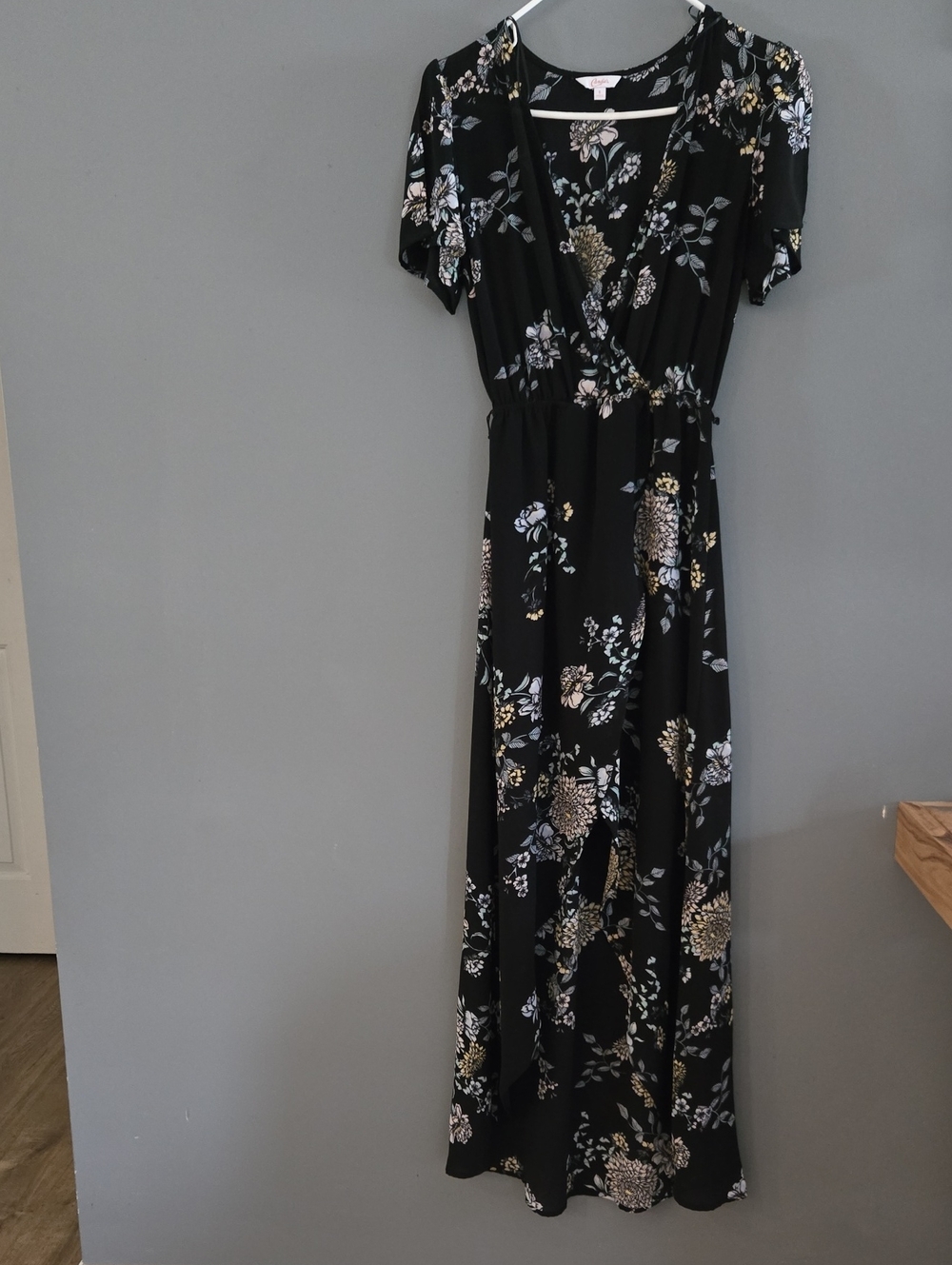 Candie's Black Floral Wrap Maxi Dress with Puff Sleeves